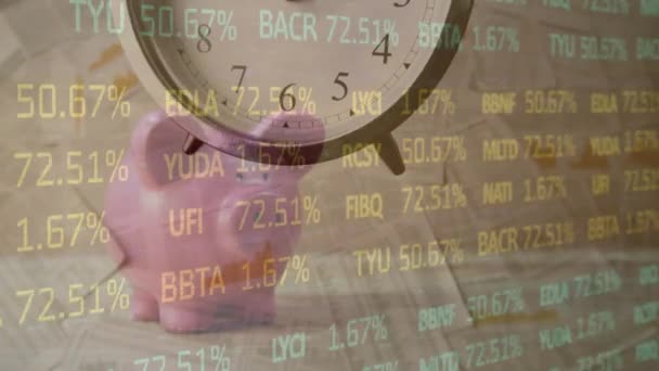 Animace Akciového Trhu Hodiny Nad Prasečí Bankou Globální Koncepce Podnikatelského — Stock video