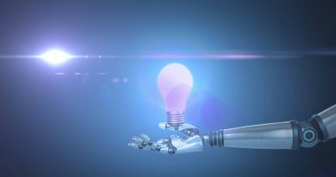 Mavi arka planda ampullü ve ışıklı robotik kol görüntüsü. Küresel bilim ve dijital arayüz kavramı dijital olarak oluşturulmuş görüntü.