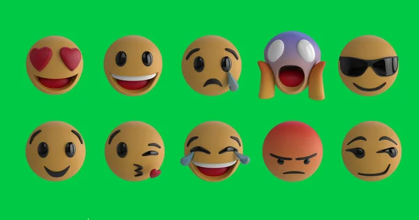 Σύνθεση Δύο Σειρών Εικονιδίων Emoji Φόντο Πράσινης Οθόνης Παγκόσμια Μέσα — Φωτογραφία Αρχείου