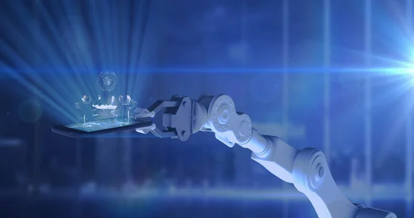 Bild Robotens Arm Surfplatta Och Glob Med Databehandling Över Datorservrar — Stockfoto