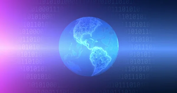Image of binary coding and globe icon on blue background. Global business and digital interface concept digitally generated image.