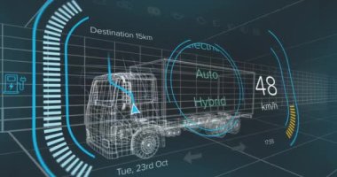 Dijital arayüzü ve veri işlemesi olan 3D arabanın animasyonu. Küresel elektrikli otomobil endüstrisi, iş dünyası, finans, bilgisayar ve veri işleme kavramı dijital olarak oluşturulmuş video.