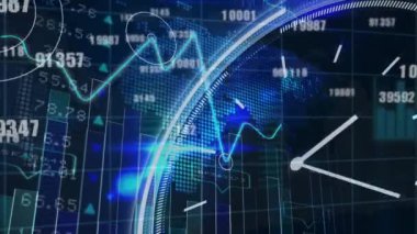 Veri işleme ve siyah arkaplandaki saatin animasyonu. Küresel teknoloji, bilgisayar ve dijital arayüz kavramı dijital olarak oluşturulmuş video.