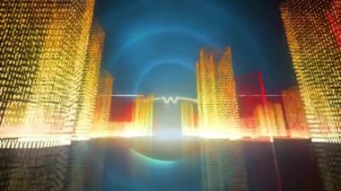 Daireler üzerinde 3D şehir manzarası olan veri işleme animasyonu. Dijital olarak oluşturulan küresel ağlar, hesaplama ve veri işleme kavramı.