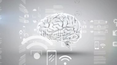Beyaz arka planda dönen beyin ve borsada veri işleme animasyonu. Küresel iş ve dijital arayüz kavramı dijital olarak oluşturulmuş video.