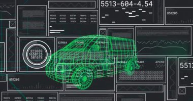 Değişen sayıların, dairelerin, grafiklerin animasyonu, minivanın 3 boyutlu modelinin üzerindeki çubukları yükleme. Dijital olarak oluşturulmuş, hologram, illüstrasyon, büyüme, ilerleme, rapor, iş, ulaşım, teknoloji.
