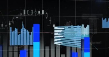 Siyah arkaplana karşı harita üzerinde değişen sayılara sahip grafiklerin animasyonu. Dijital olarak üretilmiş, hologram, rapor, iş, büyüme, rakamlar, küresel, soyut ve teknoloji kavramı.