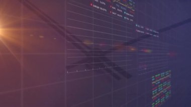 Saat ve ışık noktaları üzerinden veri işleme ve borsa animasyonları. Küresel iş ve dijital arayüz kavramı dijital olarak oluşturulmuş video.