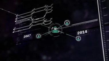 Dikdörtgen ve bilgisayar dilinde değişen sayılar üzerine bağlı simgelerin canlandırılması. Dijital olarak üretilmiş, hologram, illüstrasyon, iletişim, kodlama, büyüme, soyut ve teknoloji kavramı.