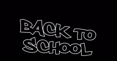 Siyah arkaplan üzerinden okula dönüş metninin animasyonu. Dijital olarak üretilen hologram, illüstrasyon, öğrenme, çocukluk, soyut ve eğitim kavramı.