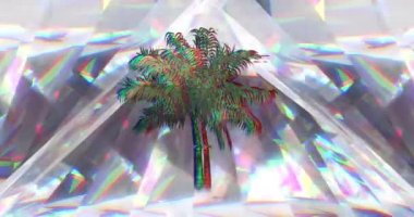 Parlayan kristallerin üzerinde hareket eden palmiye ağaçlarının animasyonu. Soyut arkaplan, şablon ve hareket kavramı dijital olarak oluşturuldu.