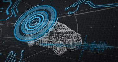 Dijital arayüzü ve devre kartı elementleri olan 3D arabanın animasyonu. Küresel otomobil endüstrisi, iş dünyası, finans, bilgisayar ve veri işleme kavramı dijital olarak oluşturuldu.
