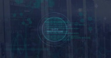Veri koruma metninin animasyonu, daireler halinde parmak izi, moleküller ve sunucu odasına karşı ikonlar. Dijital bileşik, çoklu pozlama, biyometrik, güvenlik, teknoloji ve ağ sunucusu.