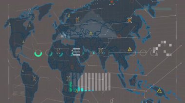 Animation of financial data processing over world map. Global business, finances, computing and data processing concept digitally generated video.