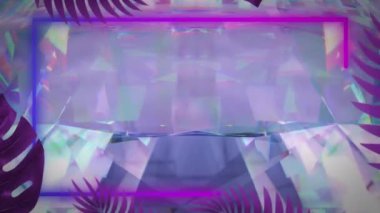 Parlayan kristallerin üzerinde mor yapraklar ve neon çerçeve animasyonu. Soyut arkaplan ve doğa konsepti dijital olarak oluşturulmuş video.