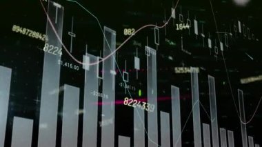Siyah arkaplan üzerindeki noktalar üzerinde değişen sayılarla birden fazla grafik animasyonu. Dijital olarak üretilen hologram, illüstrasyon, büyüme, rapor, iş dünyası, soyut ve teknoloji kavramı.