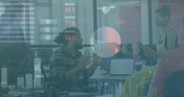 Animation of financial data processing over diverse business people. Global business, finances, computing and data processing concept digitally generated video.