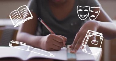 Afro-Amerikan liseli kız çizimleri üzerine okul eşyaları ikonlarının canlandırılması. Küresel eğitim ve okul kavramı dijital olarak oluşturulan video.