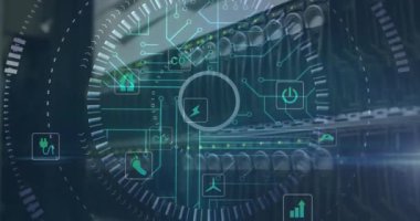 Simgelerin animasyonu, devre kartı deseni, çizgiler oluşturan daireler, sunucu raflarının arka paneli. Dijital bileşik, çoklu pozlama, şekil, güç arzı, teknoloji ve ağ sunucu kavramı.