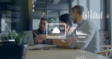 Animation of financial data processing over diverse business people working in office. Global business, finances, computing and data processing concept digitally generated video.