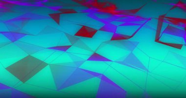 Yeşil arka planda hareket eden mavi ve kırmızı şekillerin animasyonu. Soyut arkaplan ve şablon kavramı dijital olarak oluşturuldu.