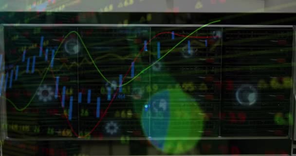 Animation Graphs Trading Board Loading Circles Fingerprinted Padlock Server Rack — Stock Video