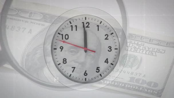 Animação Relógio Digital Mais 100 Nota Dólar Mesa Foi Inspecionando — Vídeo de Stock