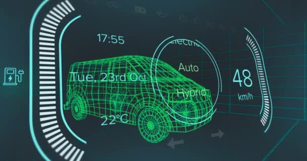 デジタルインターフェイスとデータ処理と車の3Dモデルのアニメーション グローバル電気自動車業界 ビジネス コンピューティング データ処理の概念デジタル生成ビデオ — ストック動画