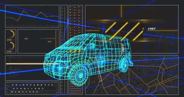 デジタルインターフェイスとデータ処理と車の3Dモデルのアニメーション グローバル自動車産業 ビジネス コンピューティング データ処理の概念デジタル生成ビデオ — ストック動画