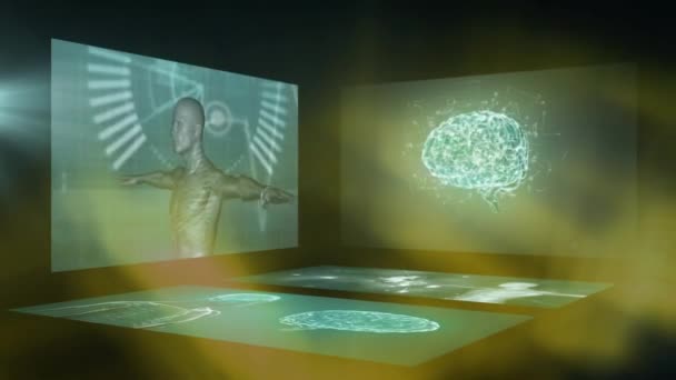 Animatie Van Het Menselijk Lichaam Skelet Digitale Hersenen Hartritme Tegen — Stockvideo