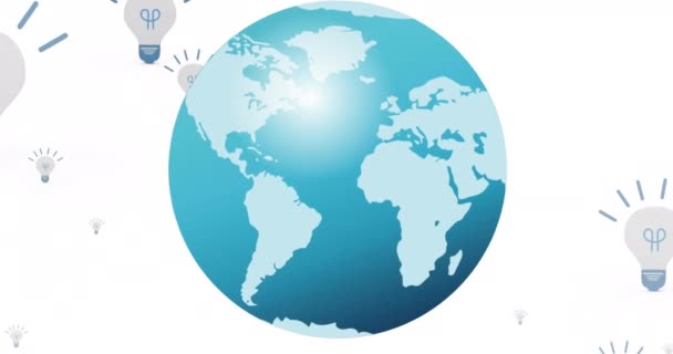 Animation Von Glühbirnen Symbolen Mit Globus Auf Weißem Hintergrund Globales — Stockvideo