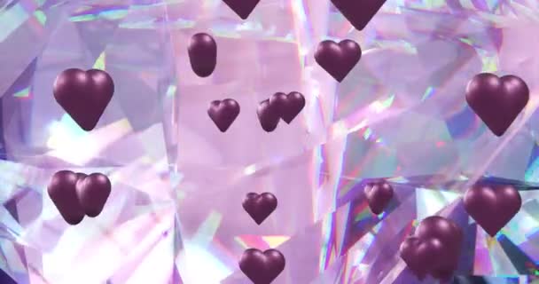 Animering Lila Hjärtan Som Rör Sig Över Glödande Kristaller Abstrakt — Stockvideo