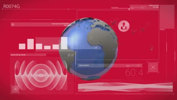 Dönen Dünya Kırmızı Arkaplan Üzerinde Veri Işleme Animasyonu Küresel Dijital — Stok video