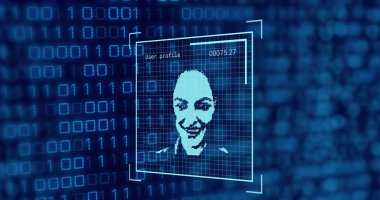 Mavi arkaplanda insan simgeleri ve veri işleme resimleri. Küresel iş ve dijital arayüz kavramı dijital olarak oluşturulmuş görüntü.