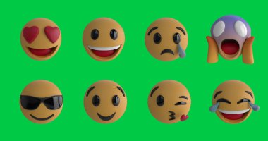 Yeşil ekran arkaplanındaki iki sıra emoji simgesinin bileşimi. Küresel sosyal medya, veri işleme ve dijital olarak oluşturulan iletişim konsepti.