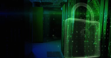 Sunucu odasındaki veri işleme ve asma kilit görüntüsü. Küresel iş ve dijital arayüz kavramı dijital olarak oluşturulmuş görüntü.