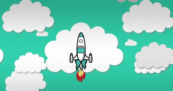 緑色の背景にロケットと雲のアイコンの画像 ゲームとデジタルインターフェースの概念デジタル生成された画像 — ストック写真