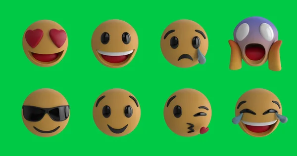 Zusammensetzung Von Zwei Reihen Von Emoji Symbolen Auf Grünem Hintergrund — Stockfoto