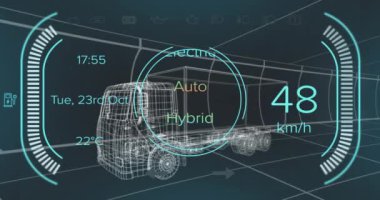 Dijital arayüzü ve veri işlemesi olan 3D arabanın animasyonu. Küresel elektrikli otomobil endüstrisi, iş dünyası, finans, bilgisayar ve veri işleme kavramı dijital olarak oluşturulmuş video.