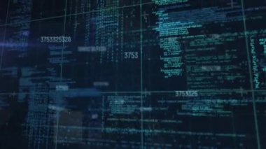 Kara arkaplan üzerinde tarama yaparak veri işleme animasyonu. Küresel teknoloji, bilgisayar ve dijital arayüz kavramı dijital olarak oluşturulmuş video.