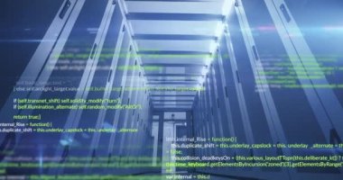 Bilgisayar sunucuları üzerinden veri işleme animasyonu. Küresel iş, bilgisayar, veri işleme ve bağlantılar konsepti dijital olarak oluşturulmuş video.