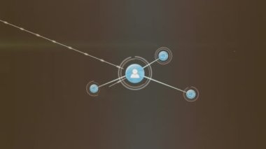 Profil simgelerinin canlandırılması mercek alevi üzerinden soyut arkaplan üzerine çizgilerle bağlanır. Dijital olarak üretilmiş, hologram, illüstrasyon, aydınlanma, iletişim ve teknoloji konsepti.