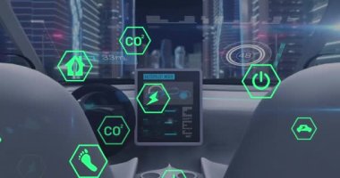 Elektrikli arabanın üzerinde ekolojik simgelerin ve veri işlemlerinin animasyonu. Küresel eko taşımacılığı, dijital arayüz ve dijital olarak oluşturulmuş veri işleme kavramı.