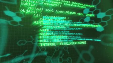 Kimyasal yapıların ve veri işlemenin animasyonu. Küresel bilim, bilgisayar ve veri işleme kavramı dijital olarak oluşturulmuş video.