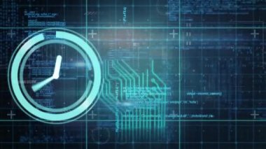 Veri işleme üzerinde çalışan saatin animasyonu. Küresel iş, finans, hesaplama ve veri işleme kavramı dijital olarak oluşturulmuş video.