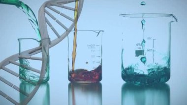 DNA sarmalının animasyonu ve sıvının cam şişeye doldurulması üzerine matematiksel denklem. Dijital bileşik, çoklu pozlama, laboratuvar, çözümler, molekül, anatomi, deney, teknoloji.