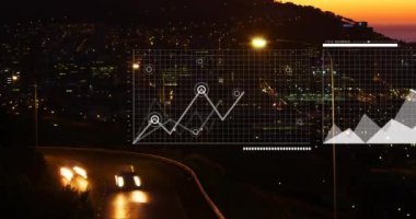 Animation of financial data processing over cityscape. Global business, finances, computing and data processing concept digitally generated video.