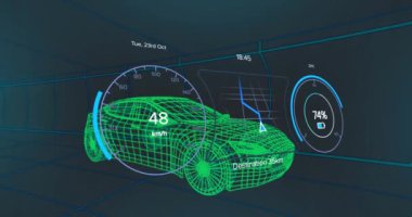 Dijital arayüzü ve veri işlemesi olan 3D arabanın animasyonu. Küresel elektrikli otomobil endüstrisi, iş dünyası, finans, bilgisayar ve veri işleme kavramı dijital olarak oluşturulmuş video.