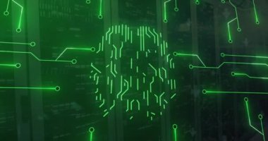 Sunucu odasındaki dijital beyinle neon bağlantı ağının animasyonu. Küresel iş ve dijital arayüz kavramı dijital olarak oluşturulmuş video.