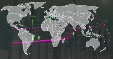 Soyut arkaplan üzerinde numaralar bulunan birden fazla grafik üzerinde haritanın canlandırması. Dijital olarak üretilen hologram, illüstrasyon, rapor, iş dünyası, küresel büyüme ve teknoloji kavramı.